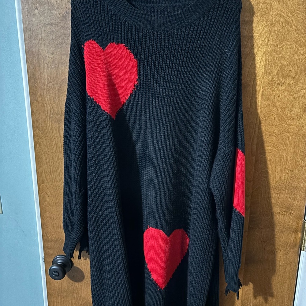 Black Sweater with Red Heart Motif - Women's Cozy Knit